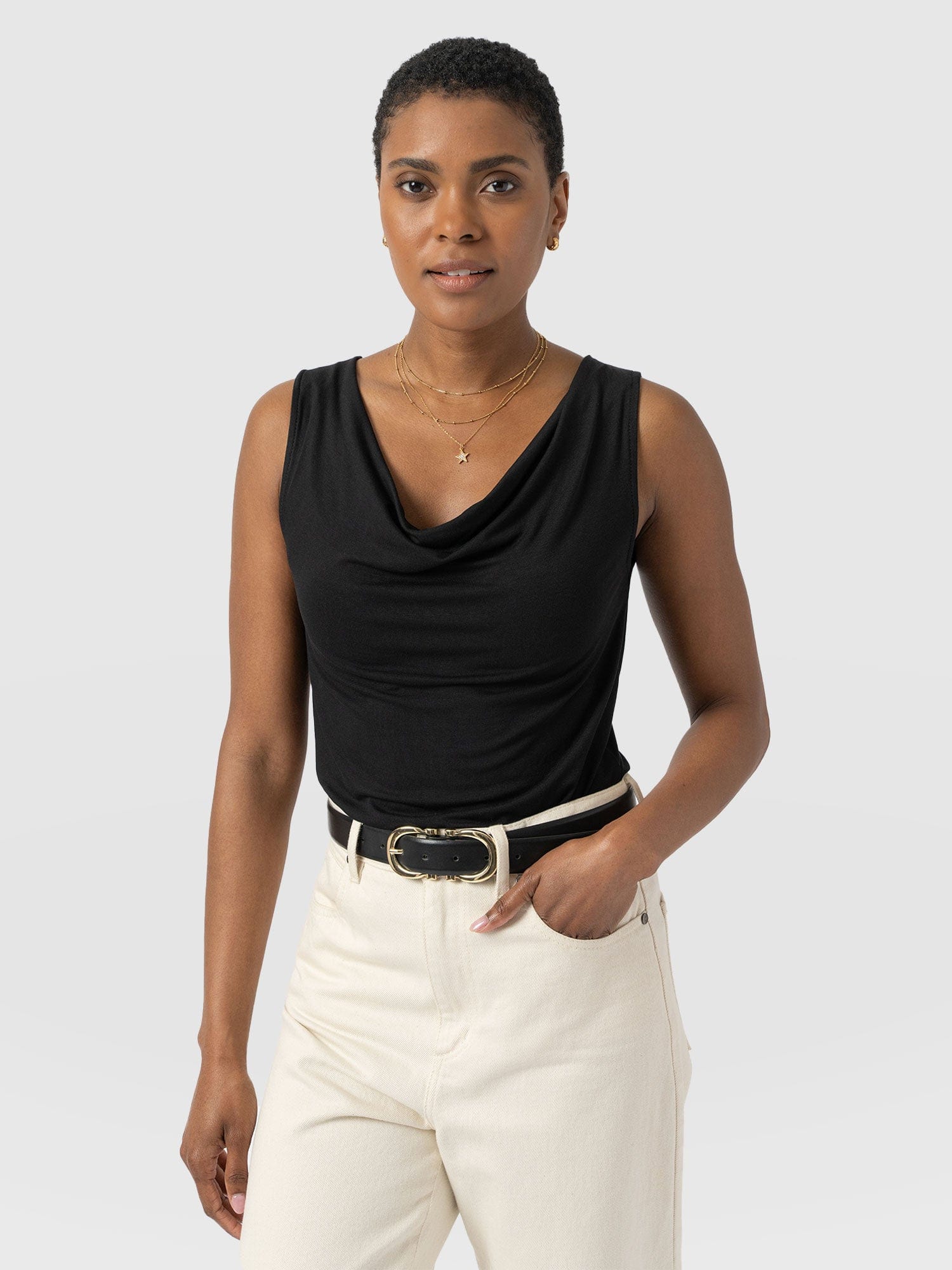 Cowl Neck Cami Black - Women's T-Shirts | Saint + Sofia® USA